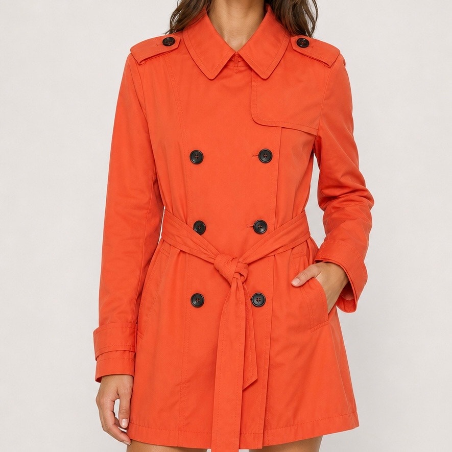 Vince Camuto Trench Coat Size Small P Orange Double Breasted 31" Long